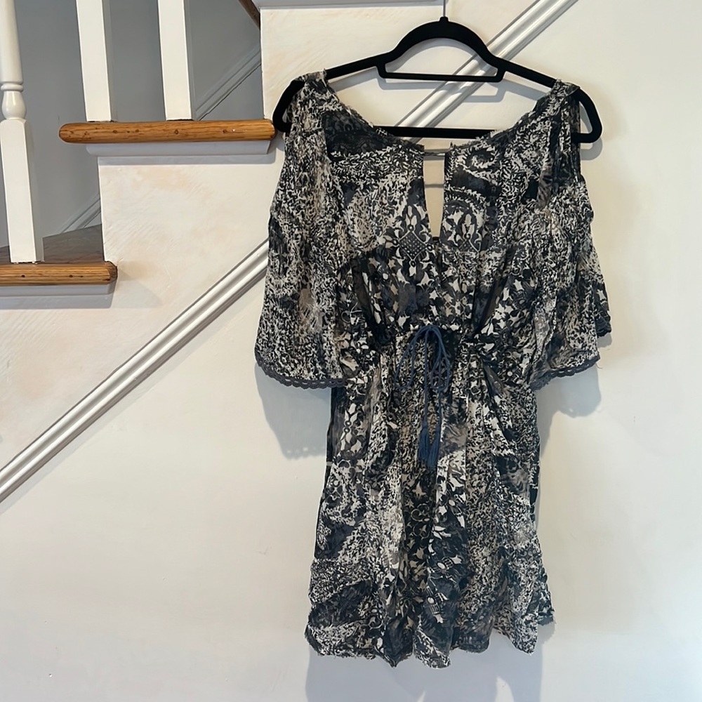 Blue Free People tunic shirt dress size S/P w/ navy cotton slip and waist tassel